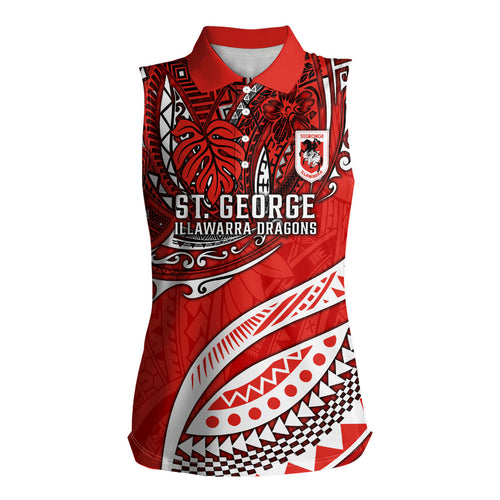 Personalised St George Illawarra Dragons Women Sleeveless Polo Shirt Polynesian Tribal Art Style With Fierce Red Dragon Mascot