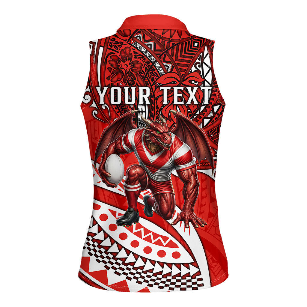 Personalised St George Illawarra Dragons Women Sleeveless Polo Shirt Polynesian Tribal Art Style With Fierce Red Dragon Mascot