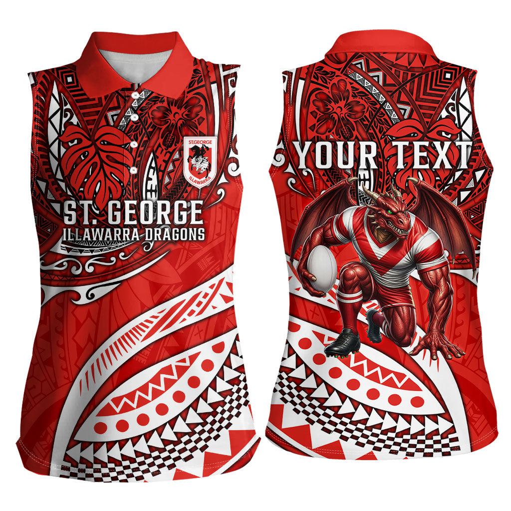 Personalised St George Illawarra Dragons Women Sleeveless Polo Shirt Polynesian Tribal Art Style With Fierce Red Dragon Mascot