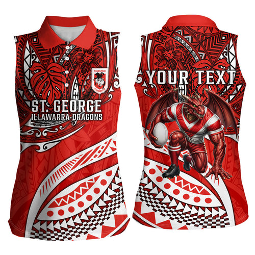 Personalised St George Illawarra Dragons Women Sleeveless Polo Shirt Polynesian Tribal Art Style With Fierce Red Dragon Mascot