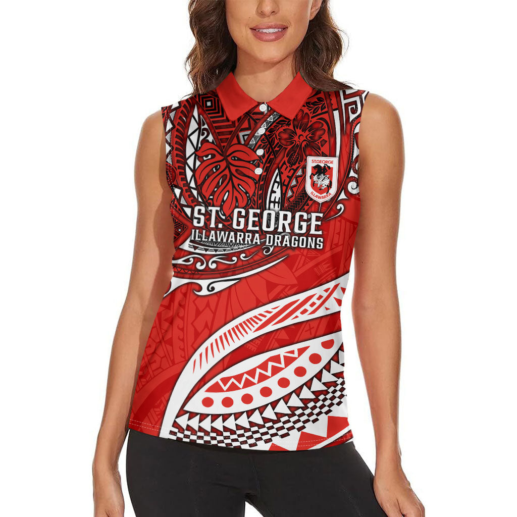 Personalised St George Illawarra Dragons Women Sleeveless Polo Shirt Polynesian Tribal Art Style With Fierce Red Dragon Mascot