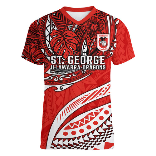 Personalised St George Illawarra Dragons Women V-Neck T-Shirt Polynesian Tribal Art Style With Fierce Red Dragon Mascot