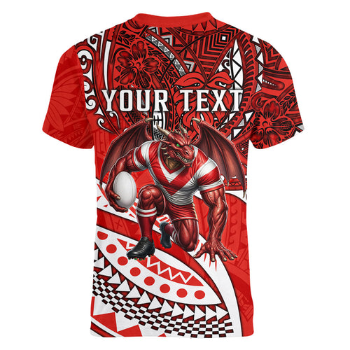Personalised St George Illawarra Dragons Women V-Neck T-Shirt Polynesian Tribal Art Style With Fierce Red Dragon Mascot