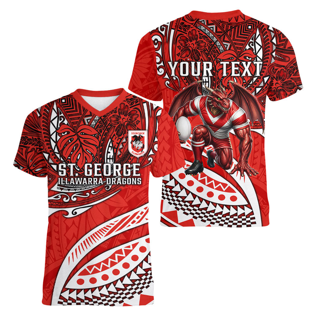 Personalised St George Illawarra Dragons Women V-Neck T-Shirt Polynesian Tribal Art Style With Fierce Red Dragon Mascot