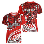 Personalised St George Illawarra Dragons Women V-Neck T-Shirt Polynesian Tribal Art Style With Fierce Red Dragon Mascot