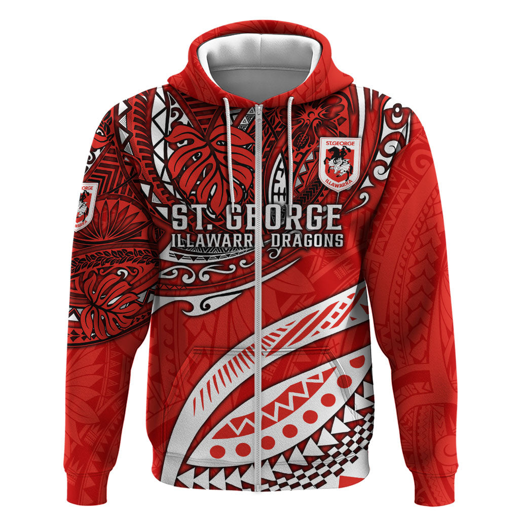 Personalised St George Illawarra Dragons Zip Hoodie Polynesian Tribal Art Style With Fierce Red Dragon Mascot