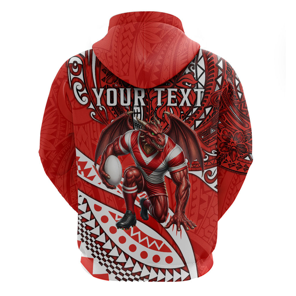 Personalised St George Illawarra Dragons Zip Hoodie Polynesian Tribal Art Style With Fierce Red Dragon Mascot