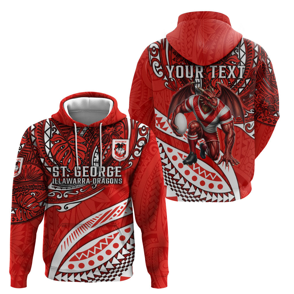 Personalised St George Illawarra Dragons Zip Hoodie Polynesian Tribal Art Style With Fierce Red Dragon Mascot