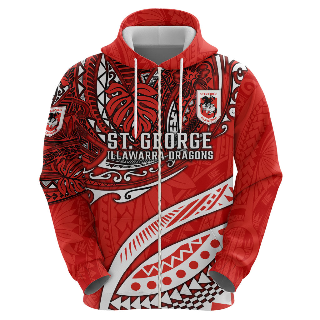 Personalised St George Illawarra Dragons Zip Hoodie Polynesian Tribal Art Style With Fierce Red Dragon Mascot