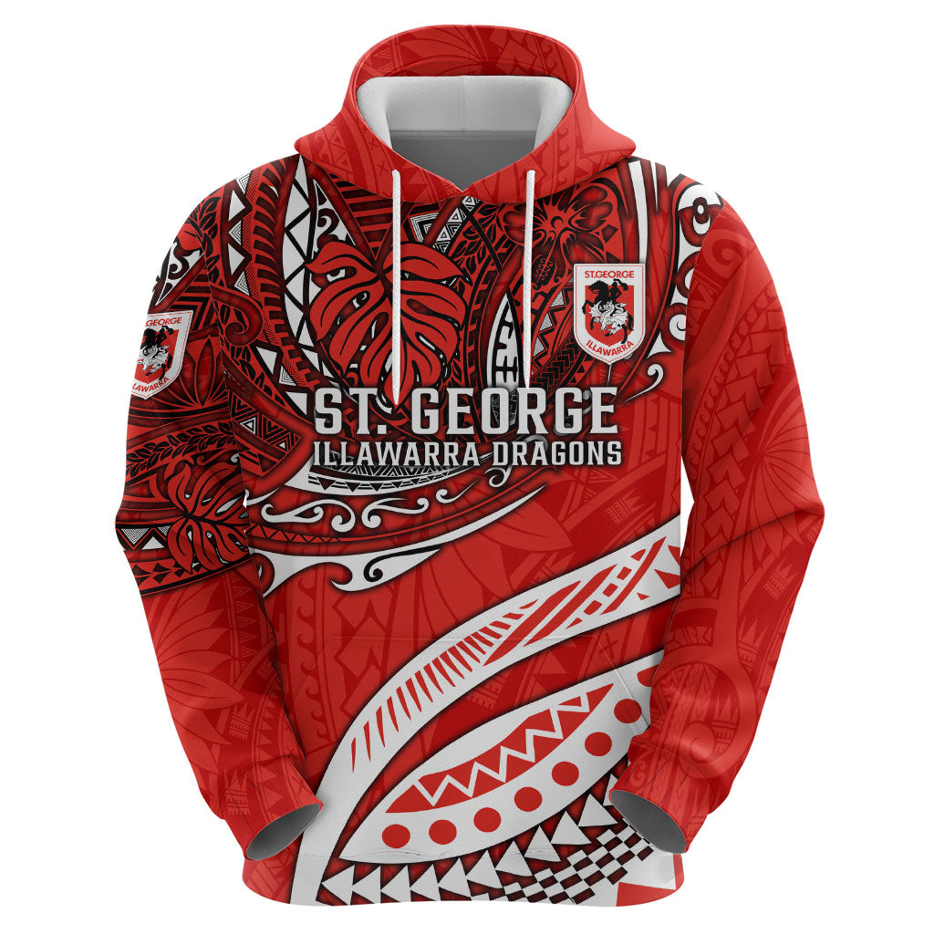 Personalised St George Illawarra Dragons Zip Hoodie Polynesian Tribal Art Style With Fierce Red Dragon Mascot