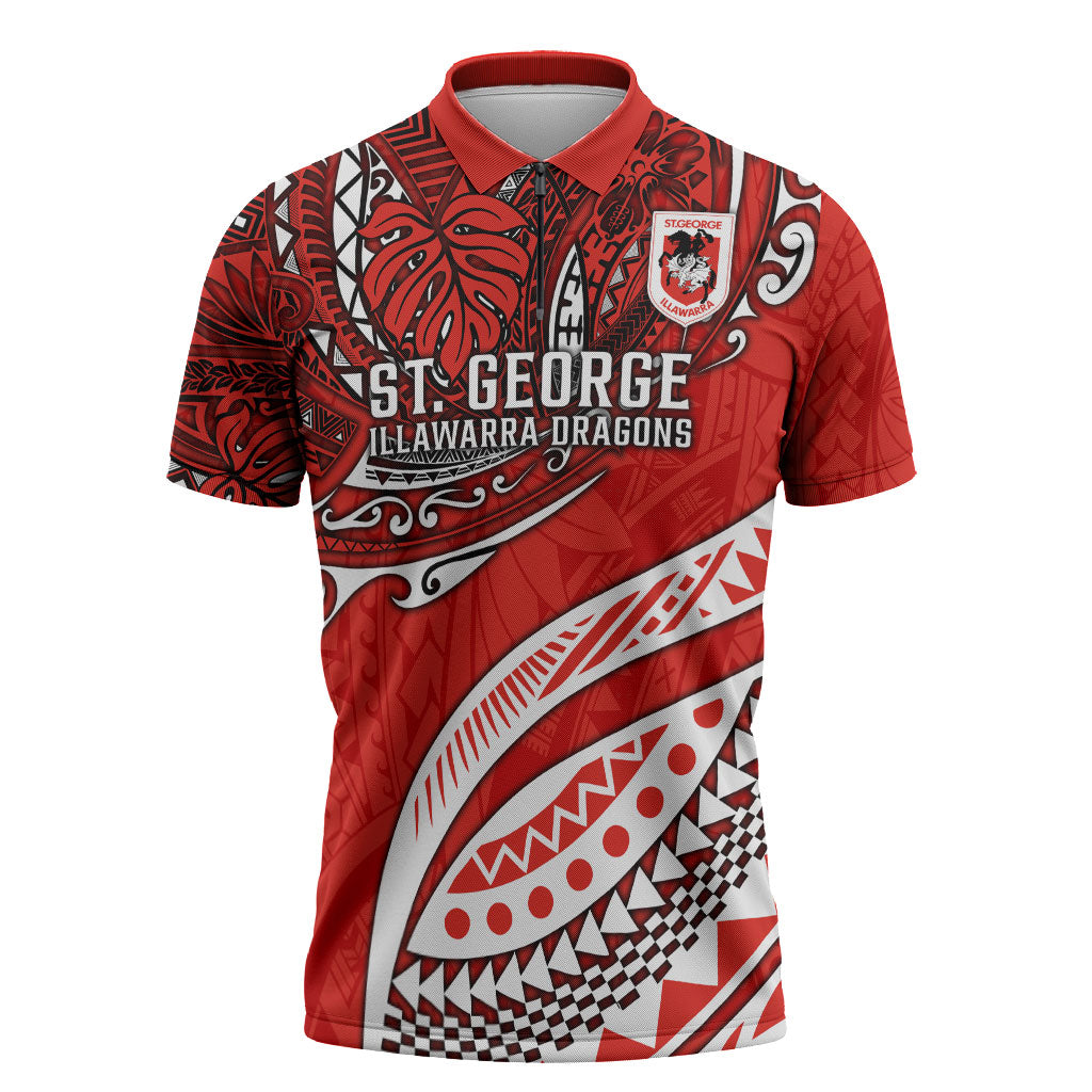 Personalised St George Illawarra Dragons Zipper Polo Shirt Polynesian Tribal Art Style With Fierce Red Dragon Mascot