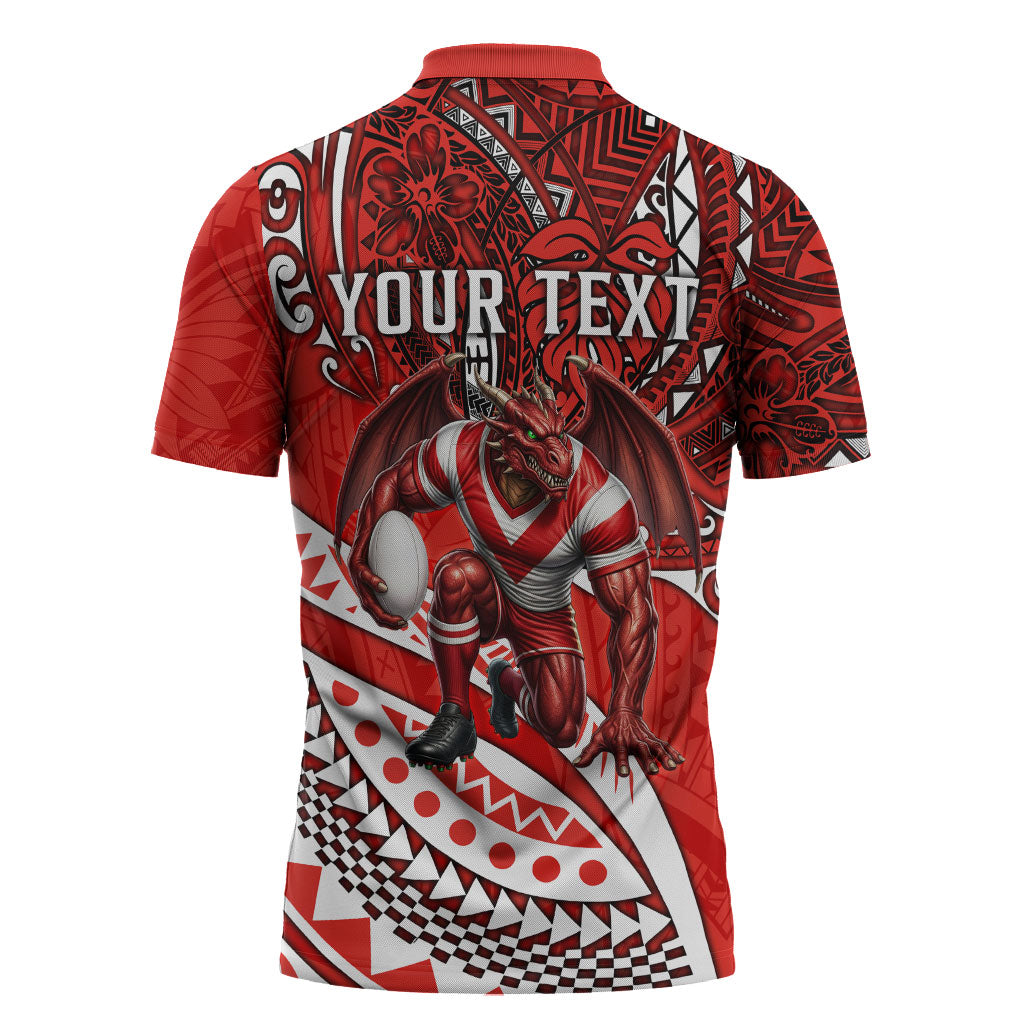 Personalised St George Illawarra Dragons Zipper Polo Shirt Polynesian Tribal Art Style With Fierce Red Dragon Mascot
