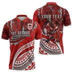 Personalised St George Illawarra Dragons Zipper Polo Shirt Polynesian Tribal Art Style With Fierce Red Dragon Mascot