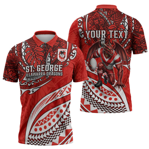 Personalised St George Illawarra Dragons Zipper Polo Shirt Polynesian Tribal Art Style With Fierce Red Dragon Mascot