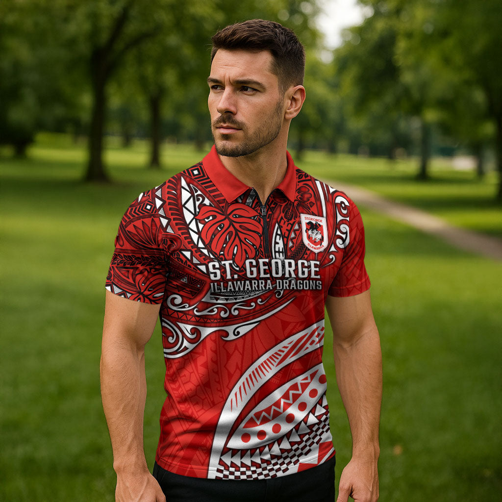 Personalised St George Illawarra Dragons Zipper Polo Shirt Polynesian Tribal Art Style With Fierce Red Dragon Mascot