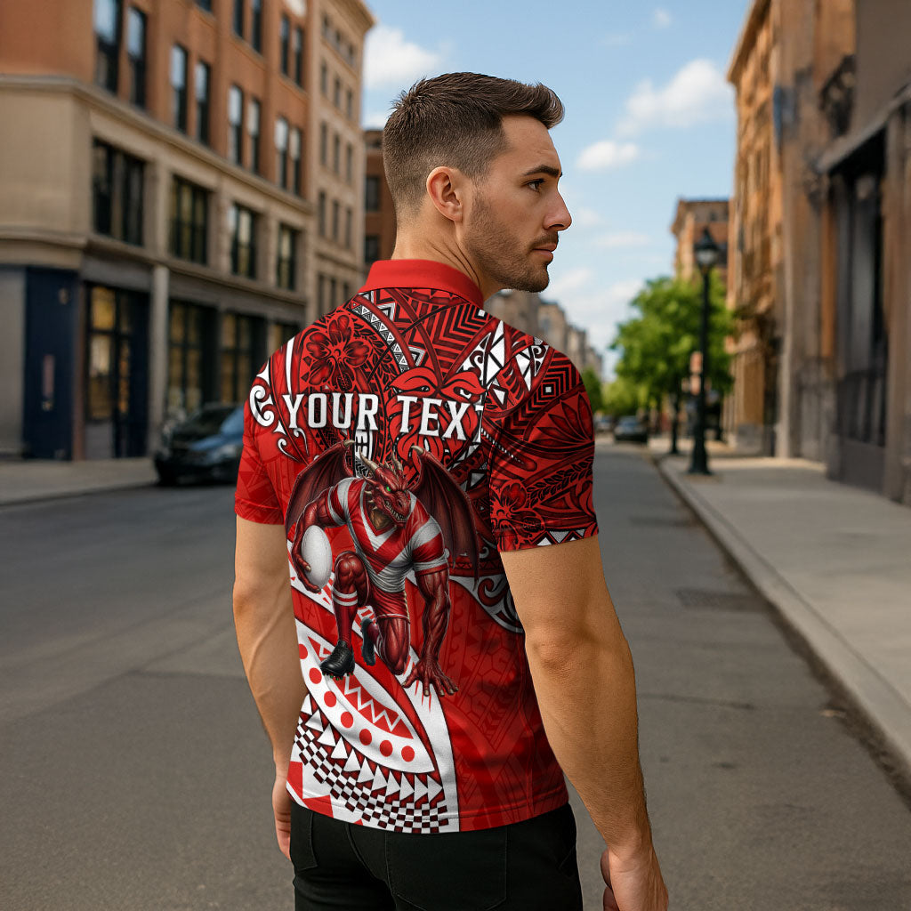 Personalised St George Illawarra Dragons Zipper Polo Shirt Polynesian Tribal Art Style With Fierce Red Dragon Mascot