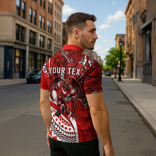 Personalised St George Illawarra Dragons Zipper Polo Shirt Polynesian Tribal Art Style With Fierce Red Dragon Mascot