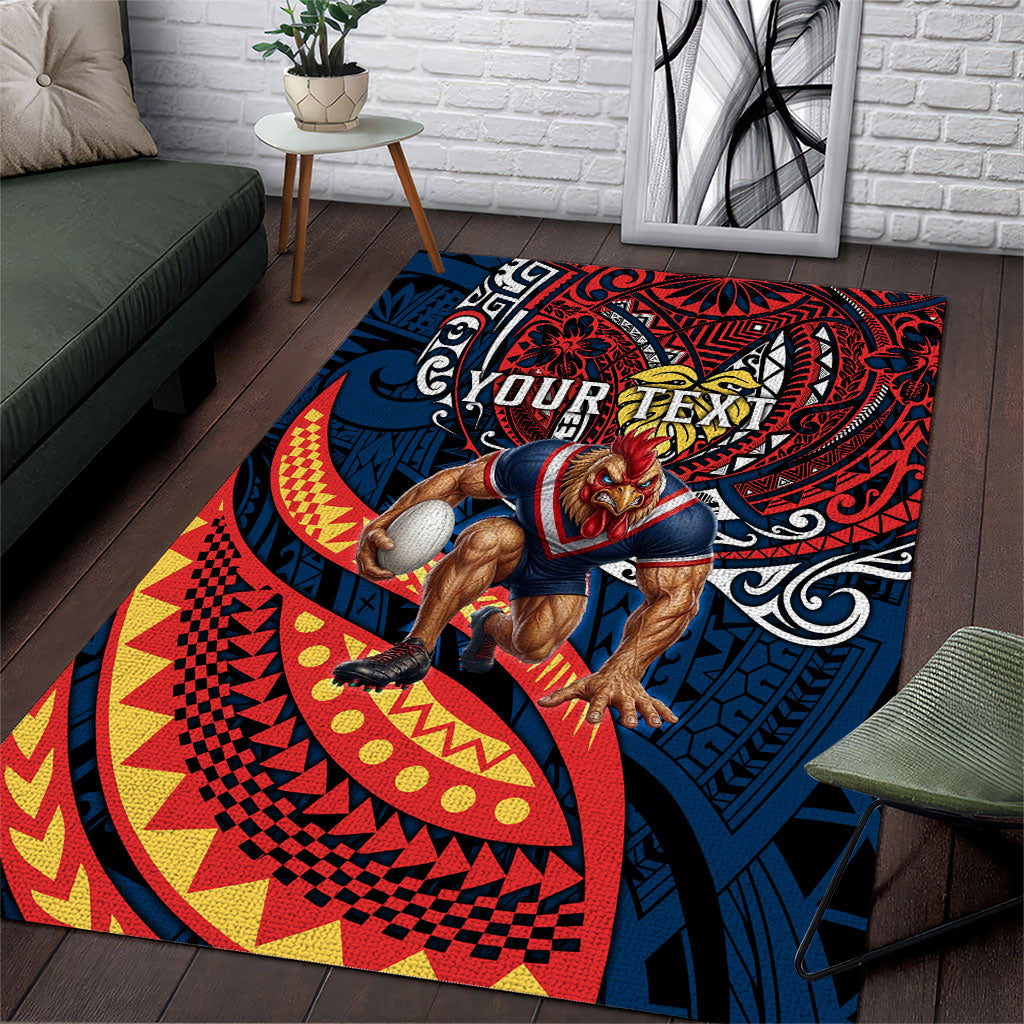 Personalised Sydney Roosters Area Rug Polynesian Tribal Art Style With Aggressive Rooster Mascot