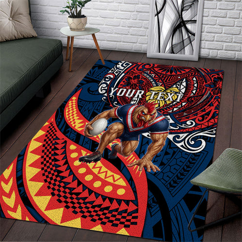 Personalised Sydney Roosters Area Rug Polynesian Tribal Art Style With Aggressive Rooster Mascot
