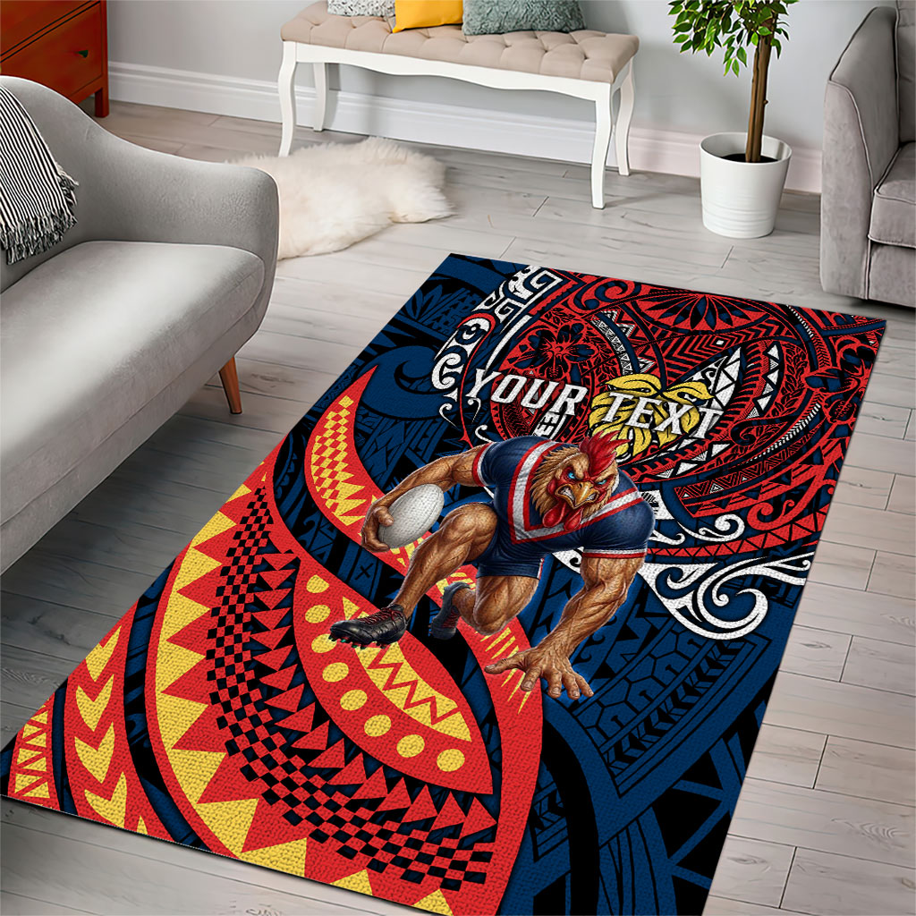 Personalised Sydney Roosters Area Rug Polynesian Tribal Art Style With Aggressive Rooster Mascot