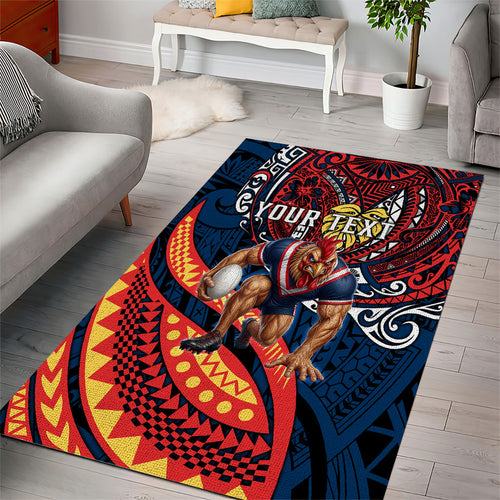 Personalised Sydney Roosters Area Rug Polynesian Tribal Art Style With Aggressive Rooster Mascot