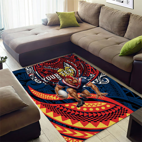 Personalised Sydney Roosters Area Rug Polynesian Tribal Art Style With Aggressive Rooster Mascot