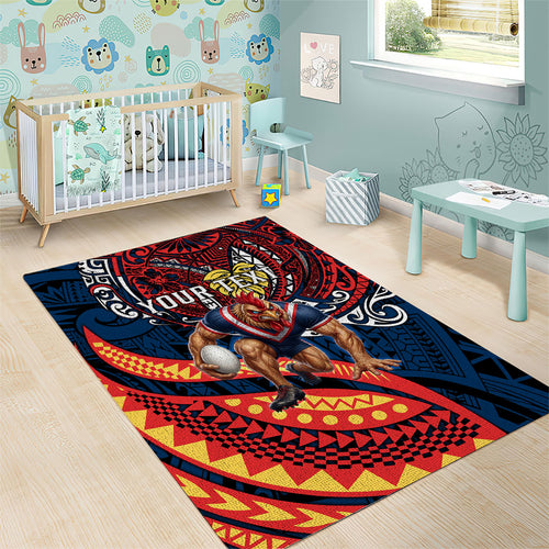 Personalised Sydney Roosters Area Rug Polynesian Tribal Art Style With Aggressive Rooster Mascot