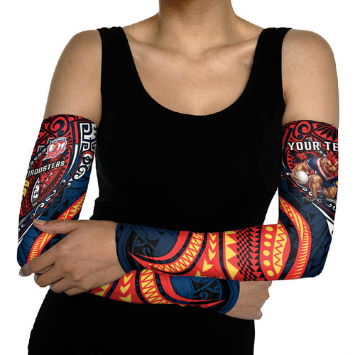 Personalised Sydney Roosters Arm Sleeves Polynesian Tribal Art Style With Aggressive Rooster Mascot