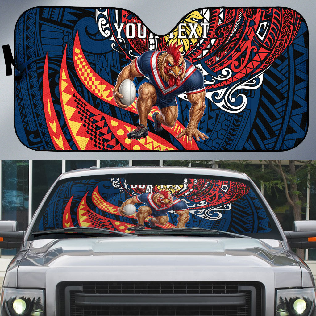 Personalised Sydney Roosters Auto Sun Shade Polynesian Tribal Art Style With Aggressive Rooster Mascot