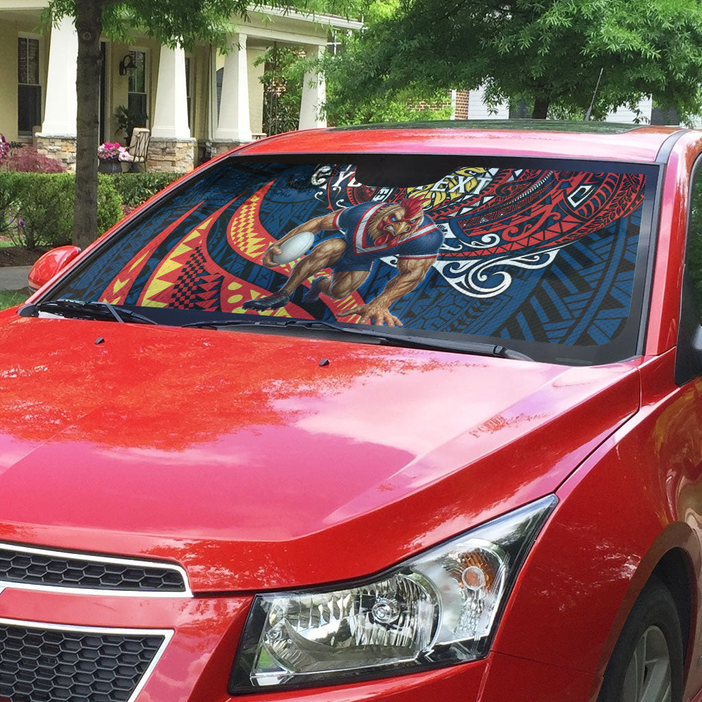 Personalised Sydney Roosters Auto Sun Shade Polynesian Tribal Art Style With Aggressive Rooster Mascot