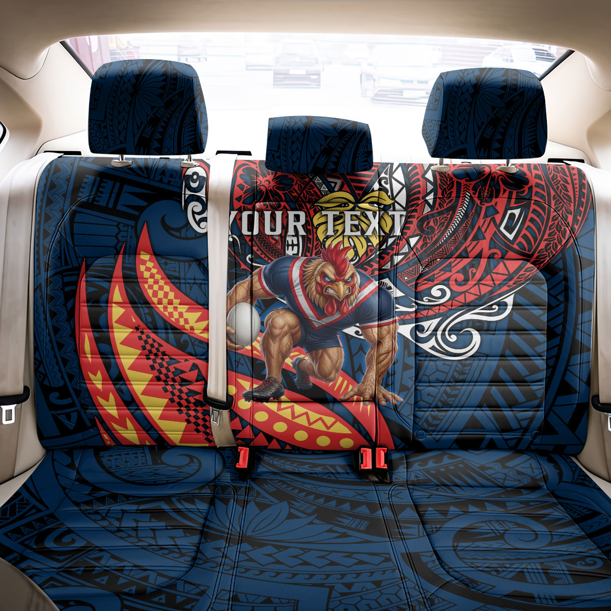 Personalised Sydney Roosters Back Car Seat Cover Polynesian Tribal Art Style With Aggressive Rooster Mascot