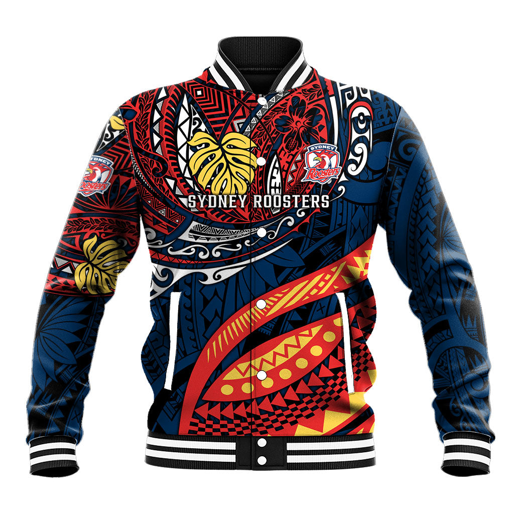 Personalised Sydney Roosters Baseball Jacket Polynesian Tribal Art Style With Aggressive Rooster Mascot