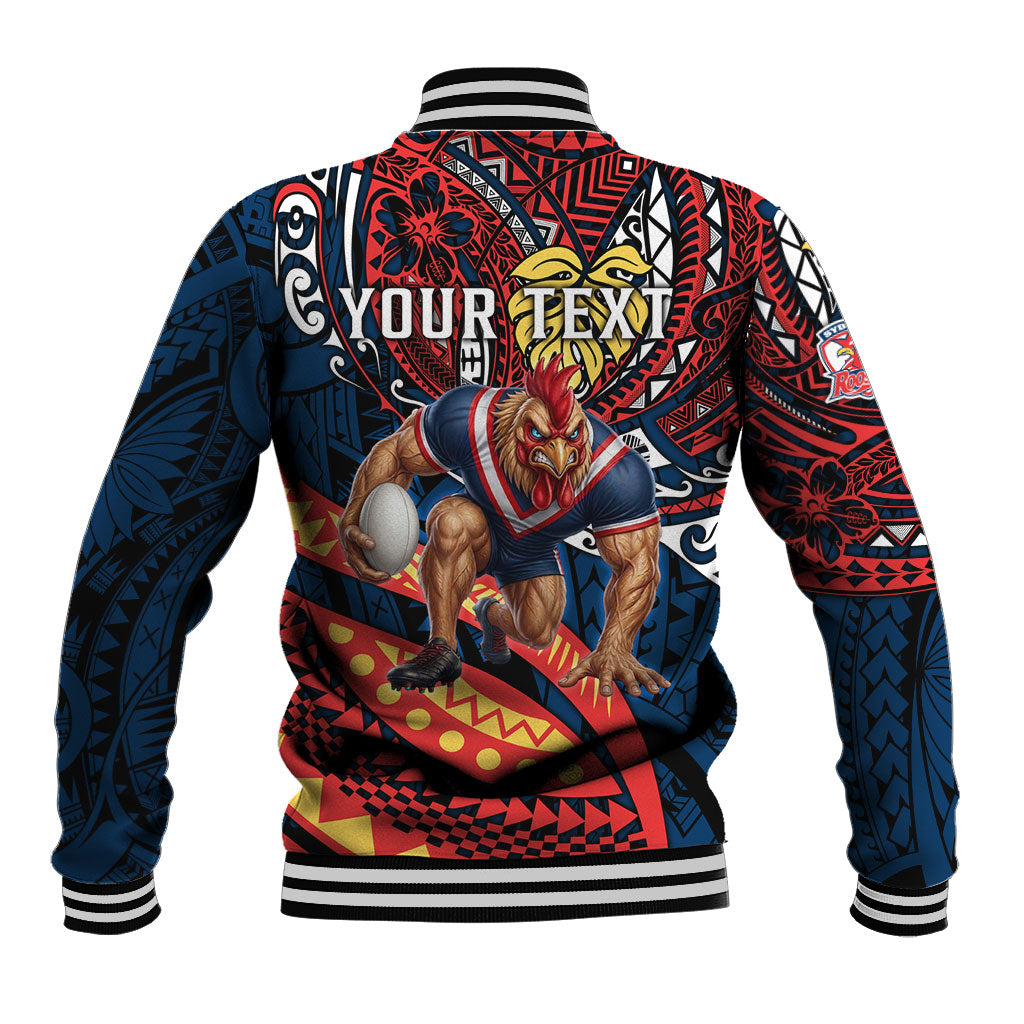 Personalised Sydney Roosters Baseball Jacket Polynesian Tribal Art Style With Aggressive Rooster Mascot