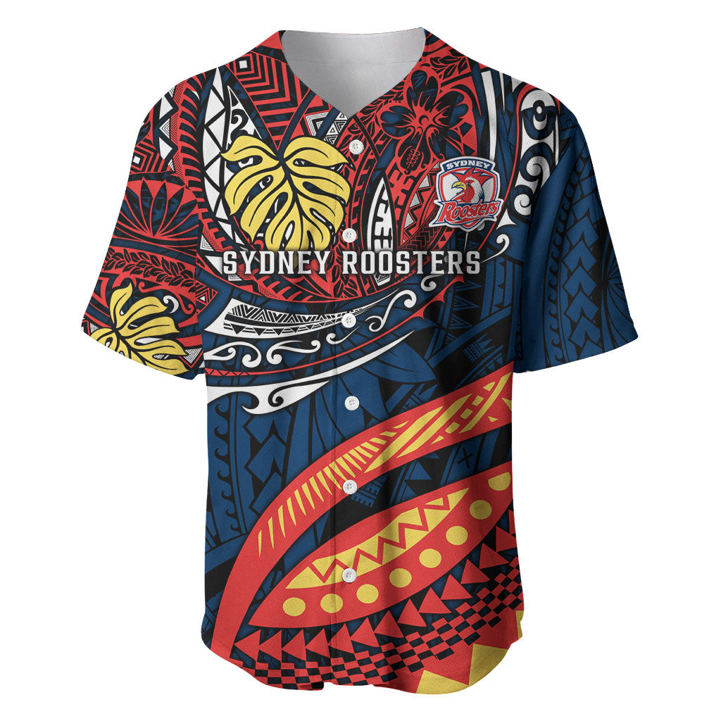 Personalised Sydney Roosters Baseball Jersey Polynesian Tribal Art Style With Aggressive Rooster Mascot