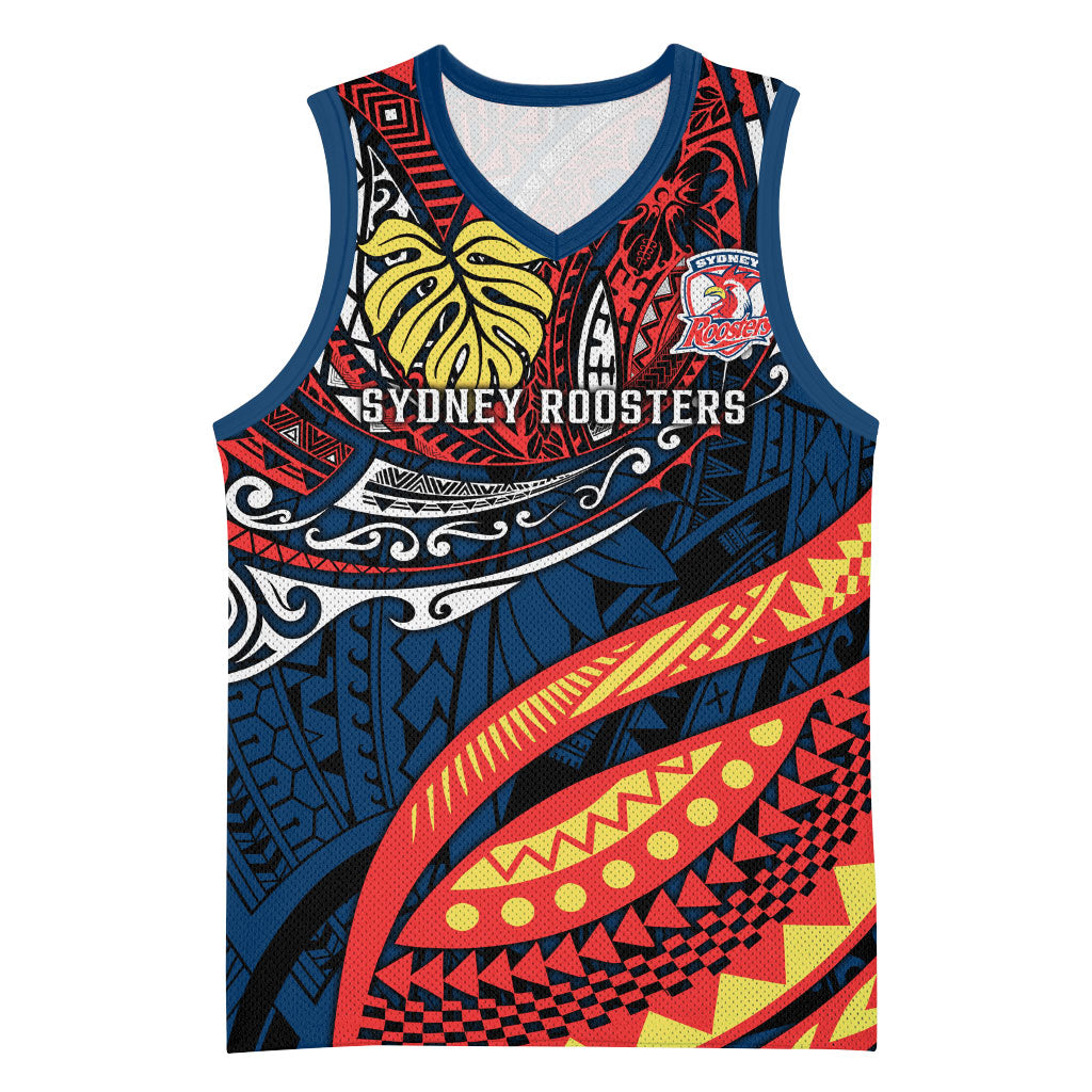 Personalised Sydney Roosters Basketball Jersey Polynesian Tribal Art Style With Aggressive Rooster Mascot