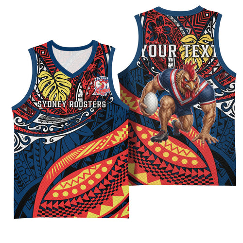 Personalised Sydney Roosters Basketball Jersey Polynesian Tribal Art Style With Aggressive Rooster Mascot
