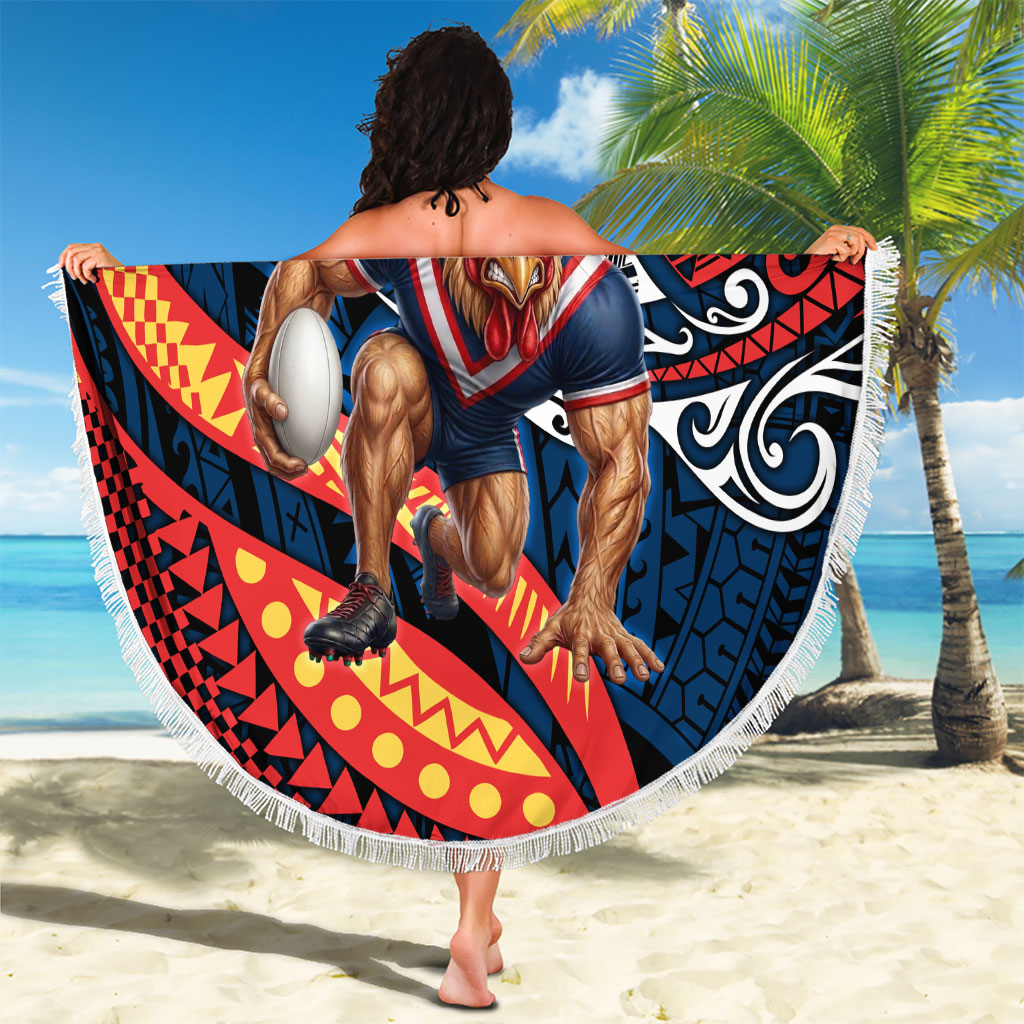Personalised Sydney Roosters Beach Blanket Polynesian Tribal Art Style With Aggressive Rooster Mascot