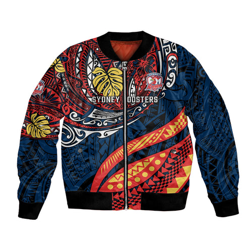Personalised Sydney Roosters Bomber Jacket Polynesian Tribal Art Style With Aggressive Rooster Mascot