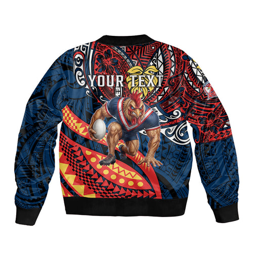 Personalised Sydney Roosters Bomber Jacket Polynesian Tribal Art Style With Aggressive Rooster Mascot