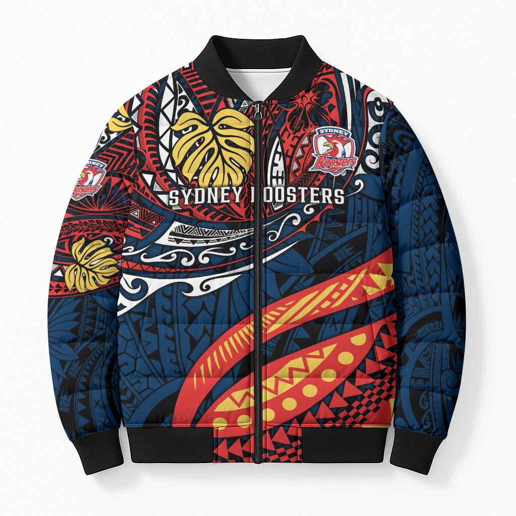 Personalised Sydney Roosters Bomber Puffer Jacket Polynesian Tribal Art Style With Aggressive Rooster Mascot