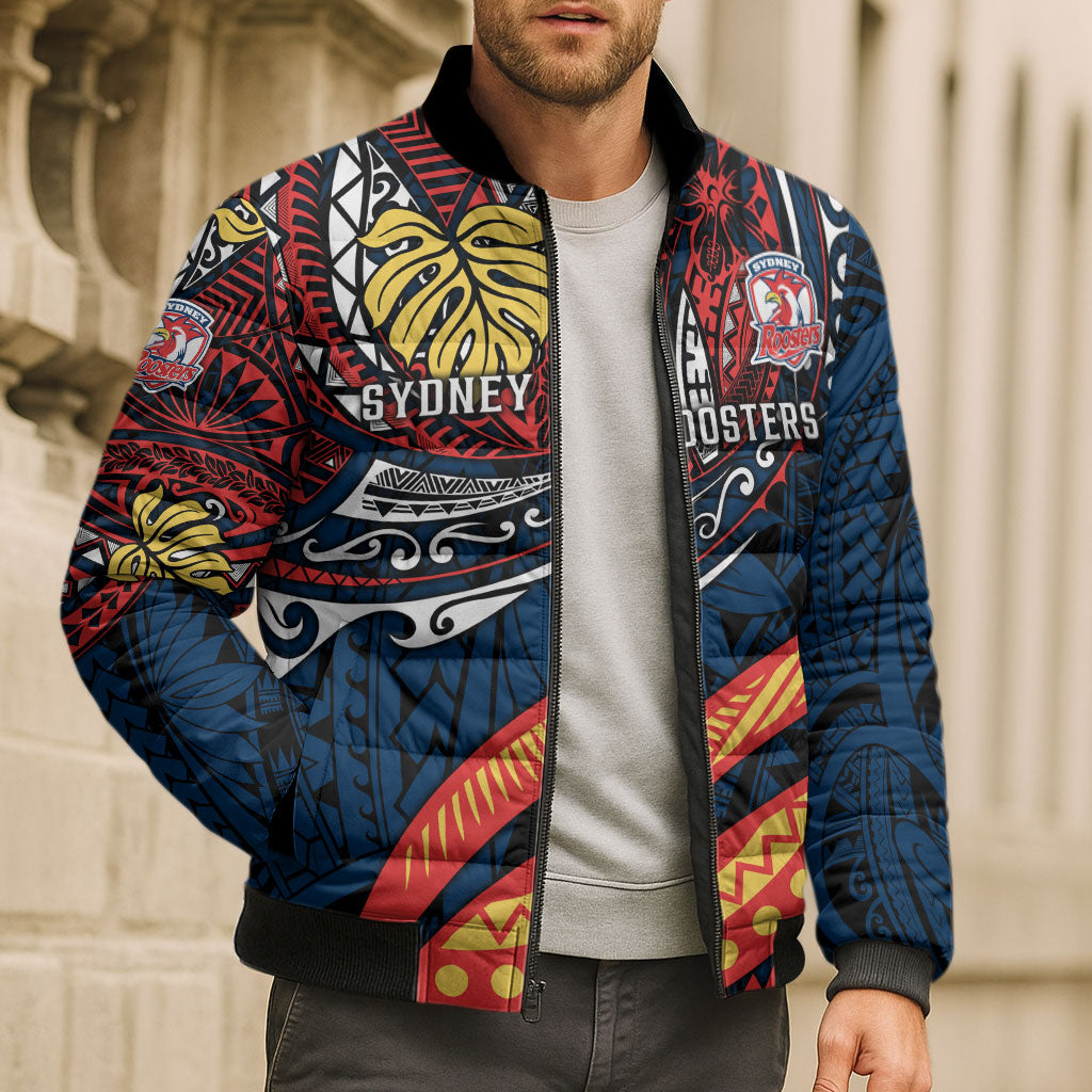Personalised Sydney Roosters Bomber Puffer Jacket Polynesian Tribal Art Style With Aggressive Rooster Mascot