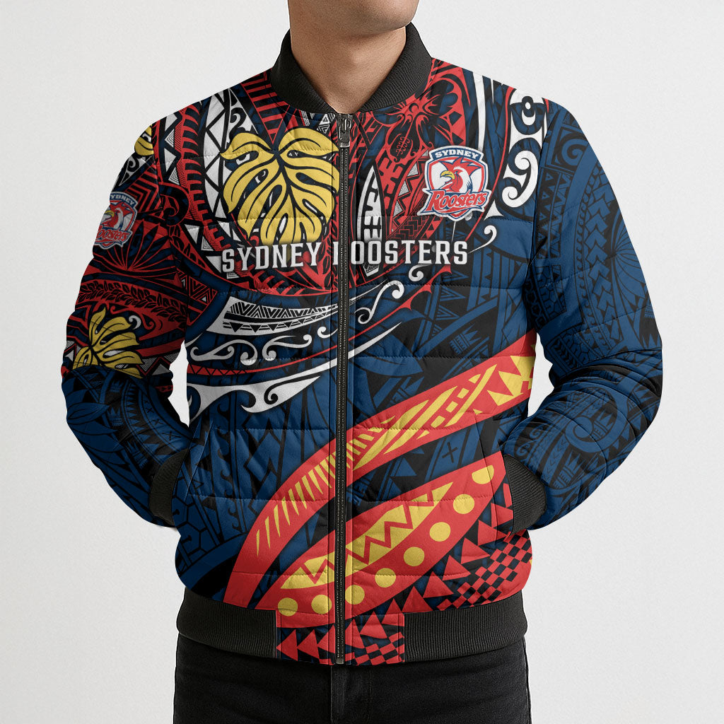 Personalised Sydney Roosters Bomber Puffer Jacket Polynesian Tribal Art Style With Aggressive Rooster Mascot