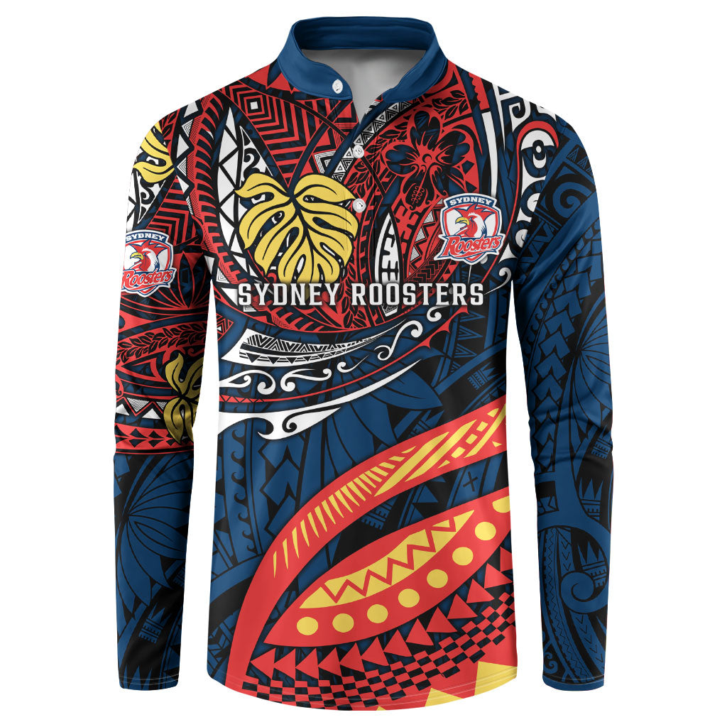 Personalised Sydney Roosters Button Sweatshirt Polynesian Tribal Art Style With Aggressive Rooster Mascot