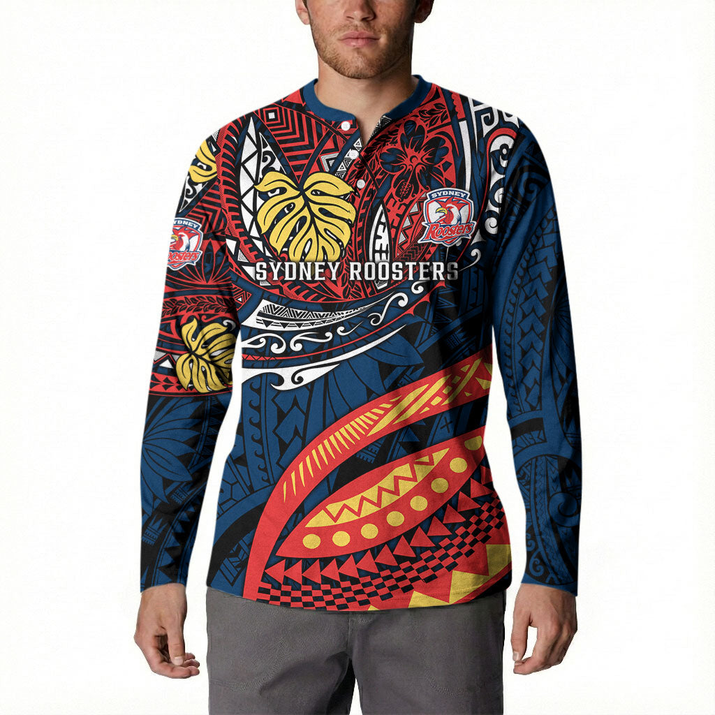 Personalised Sydney Roosters Button Sweatshirt Polynesian Tribal Art Style With Aggressive Rooster Mascot