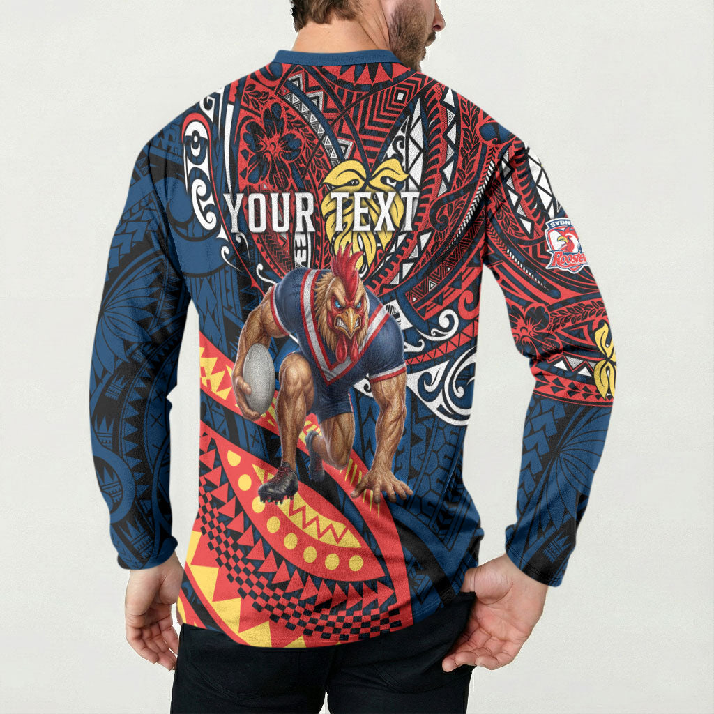 Personalised Sydney Roosters Button Sweatshirt Polynesian Tribal Art Style With Aggressive Rooster Mascot