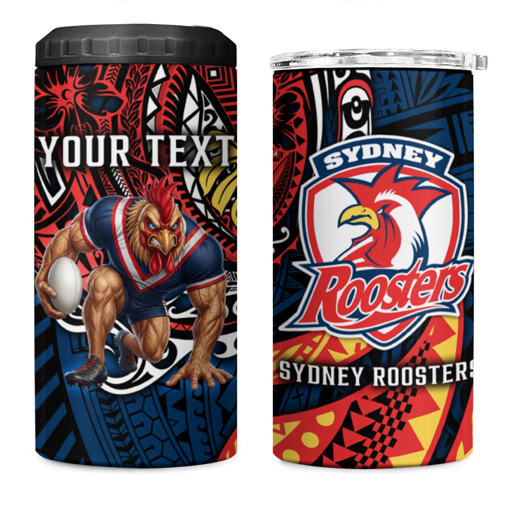 Personalised Sydney Roosters 4 in 1 Can Cooler Tumbler Polynesian Tribal Art Style With Aggressive Rooster Mascot