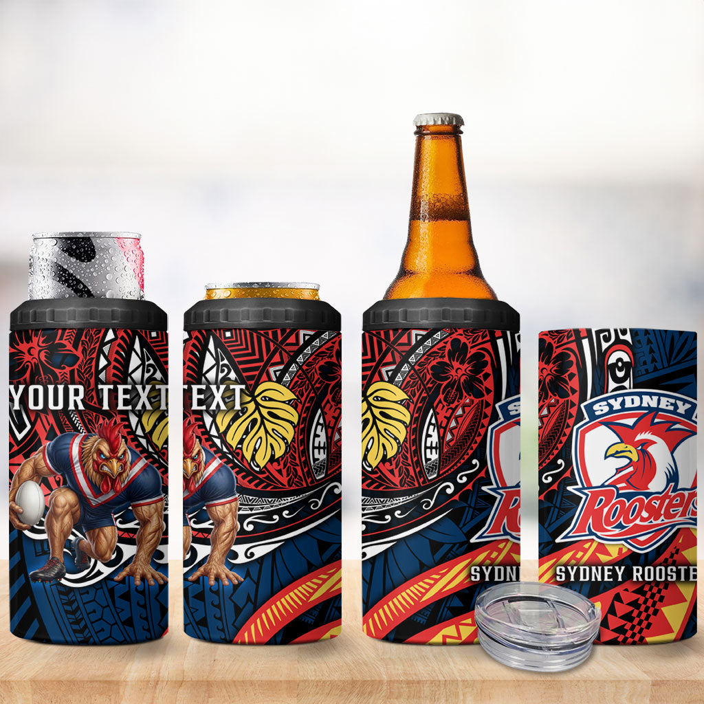 Personalised Sydney Roosters 4 in 1 Can Cooler Tumbler Polynesian Tribal Art Style With Aggressive Rooster Mascot