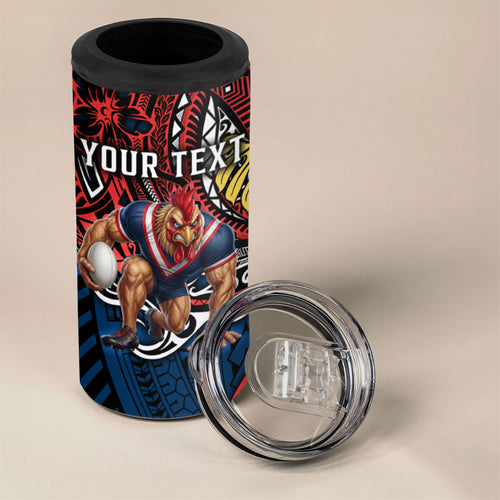Personalised Sydney Roosters 4 in 1 Can Cooler Tumbler Polynesian Tribal Art Style With Aggressive Rooster Mascot