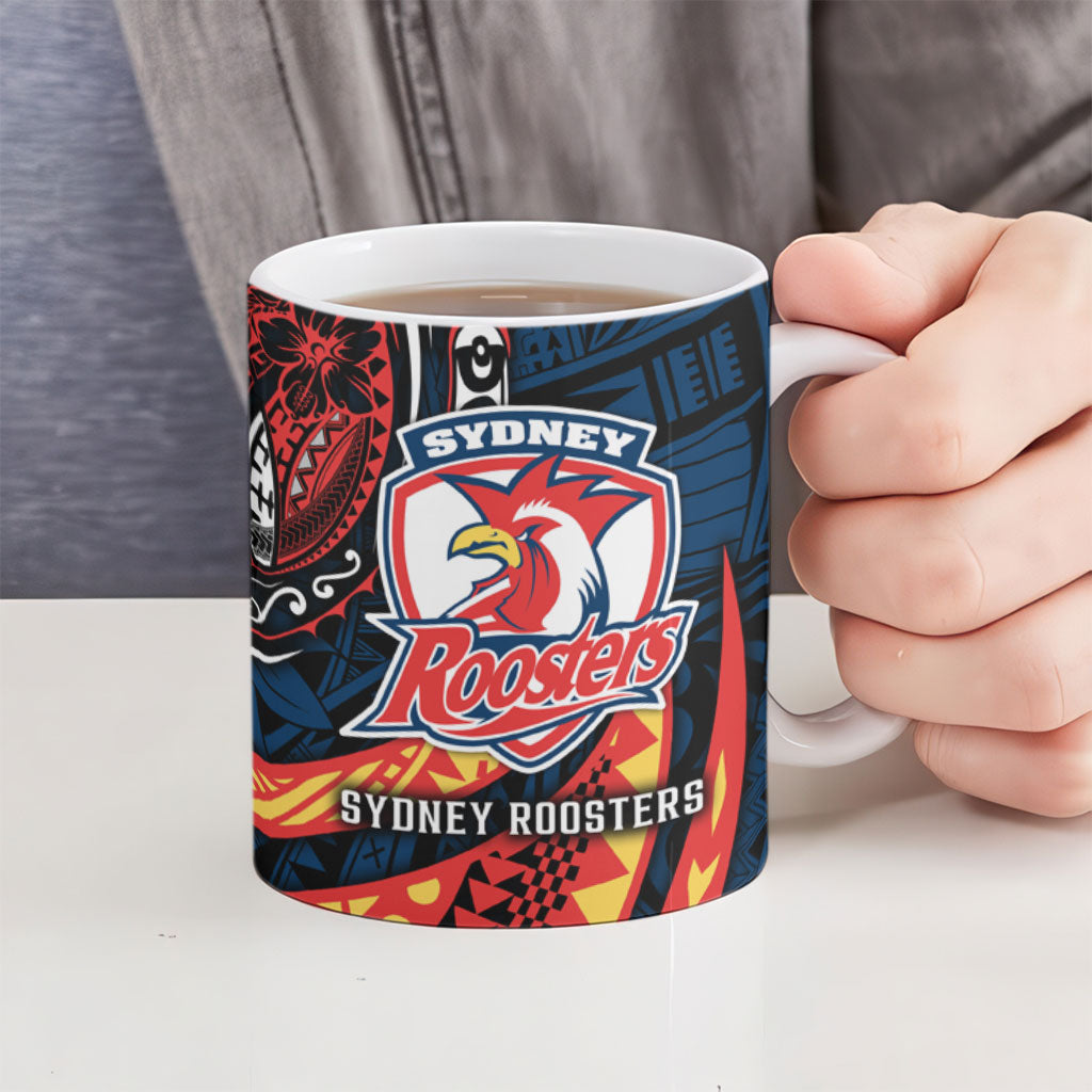 Personalised Sydney Roosters Ceramic Mug Polynesian Tribal Art Style With Aggressive Rooster Mascot
