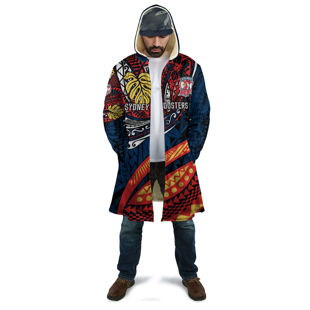 Personalised Sydney Roosters Cloak Polynesian Tribal Art Style With Aggressive Rooster Mascot